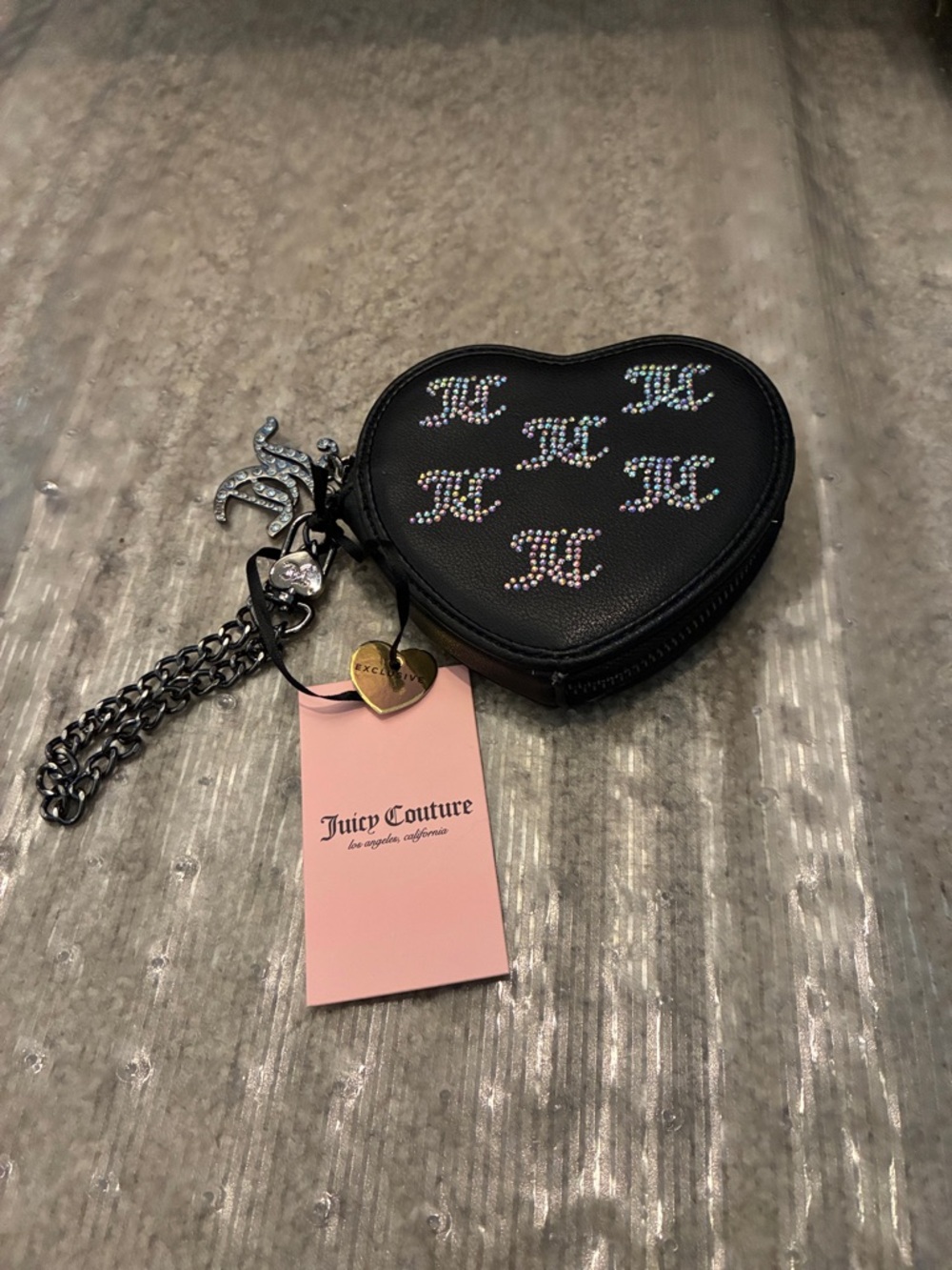 Juicy Couture Black Heart Coin Pouch with Iridescent Crystal JC Logos